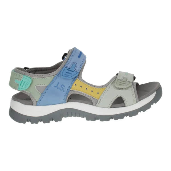 Josef Seibel Bella 10 ladies' blue leather and textile touch-fastening sporty sandal with multi-color straps and rugged sole.