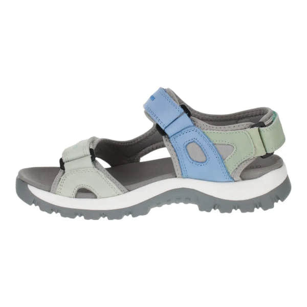 Josef Seibel Bella 10 ladies blue leather and textile sandals with touch fastenings, cushioned sole, and rugged gray outsole.