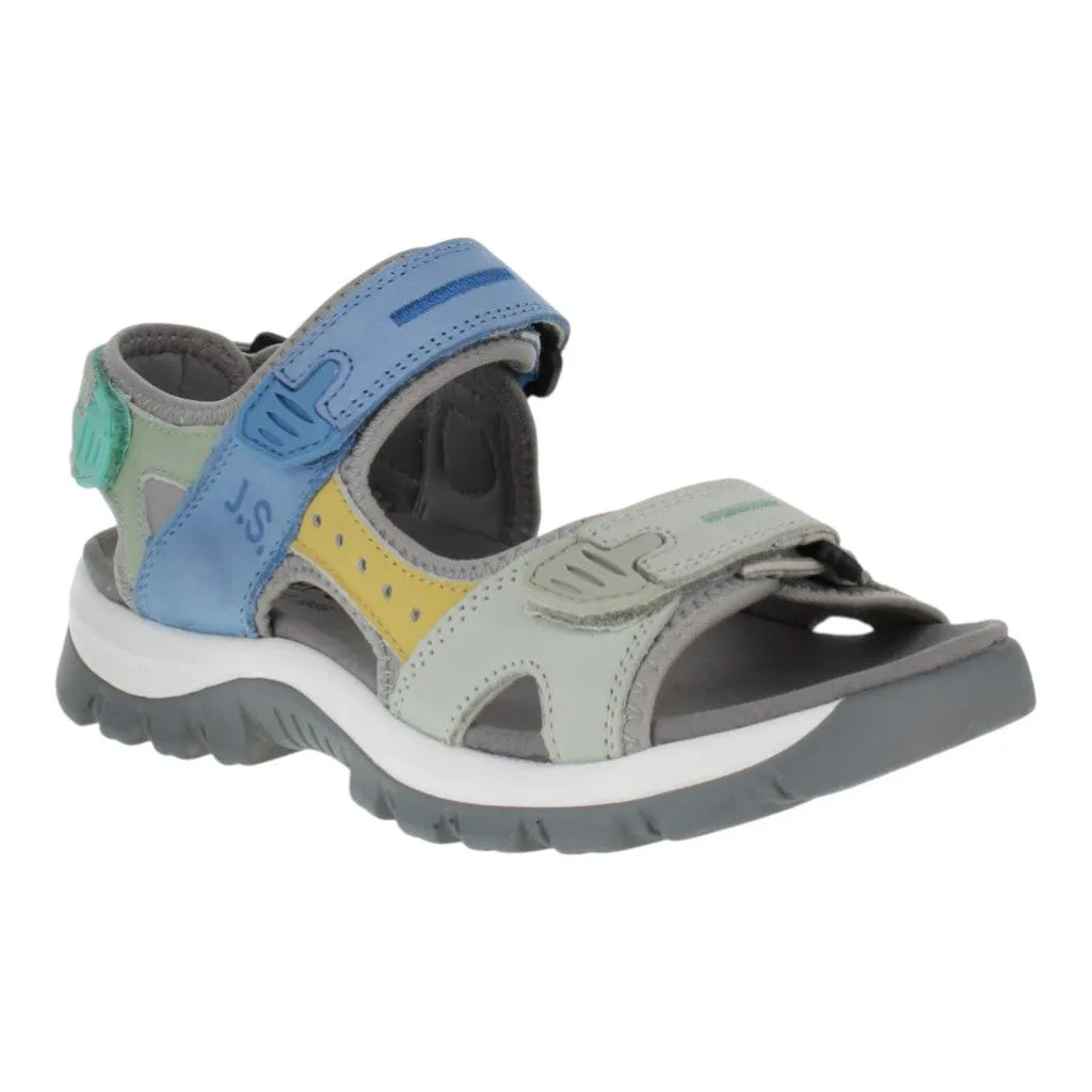 Josef Seibel Bella 10 ladies blue leather and textile touch-fastening sandal with a chunky grey and white sole.