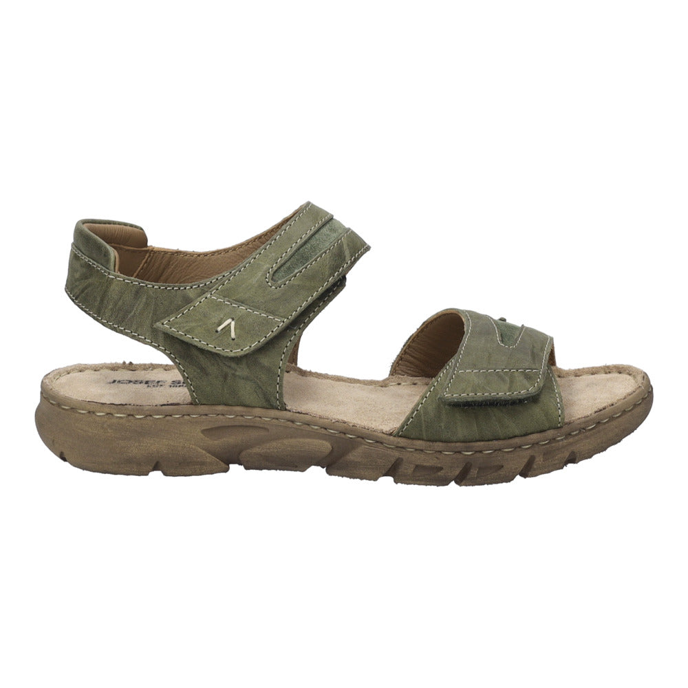 Josef Seibel Brenda 08 women's khaki leather touch-fastening sandals with adjustable straps and cushioned sole.