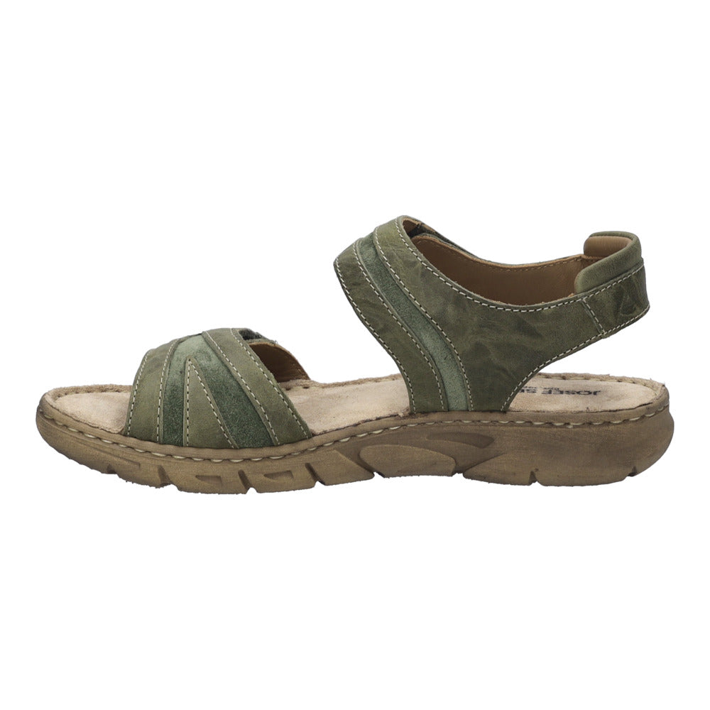 Josef Seibel Brenda 08 ladies khaki leather sandals with touch fastening, cushioned insole, and durable rubber sole.