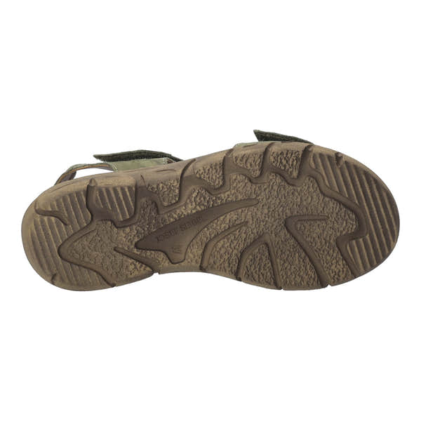 Josef Seibel Brenda 08 ladies khaki leather touch fastening sandals with textured rubber sole.