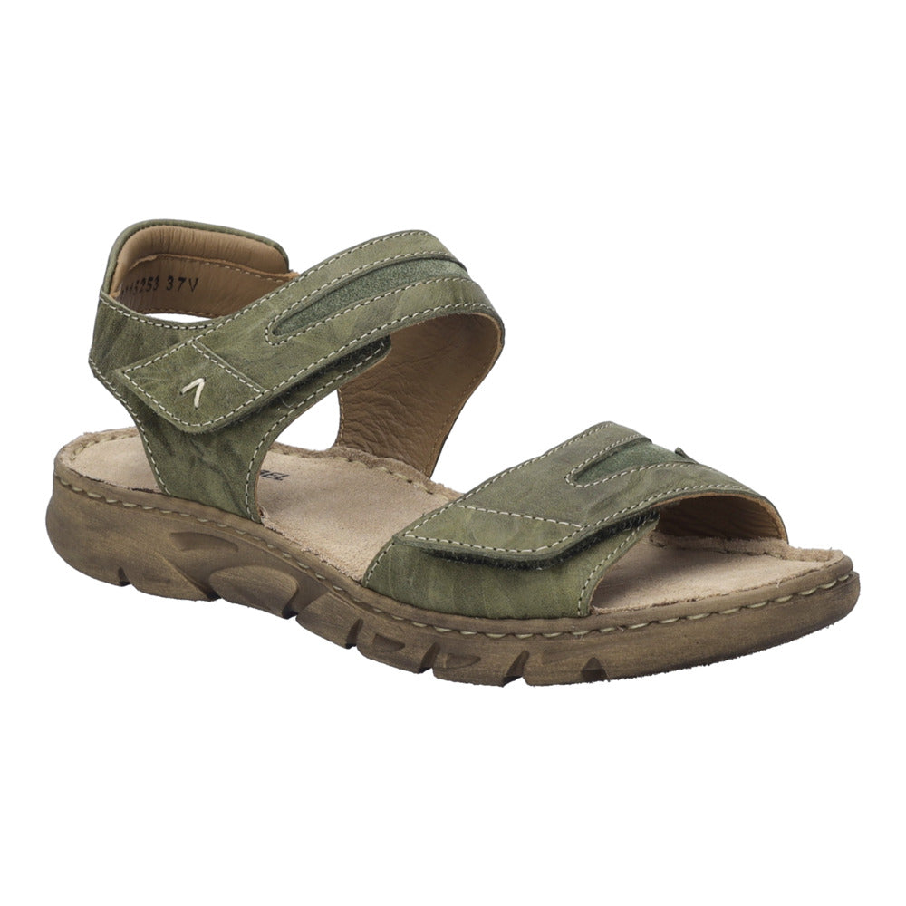 Josef Seibel Brenda 08 ladies khaki leather sandals with touch fastening straps and cushioned sole.