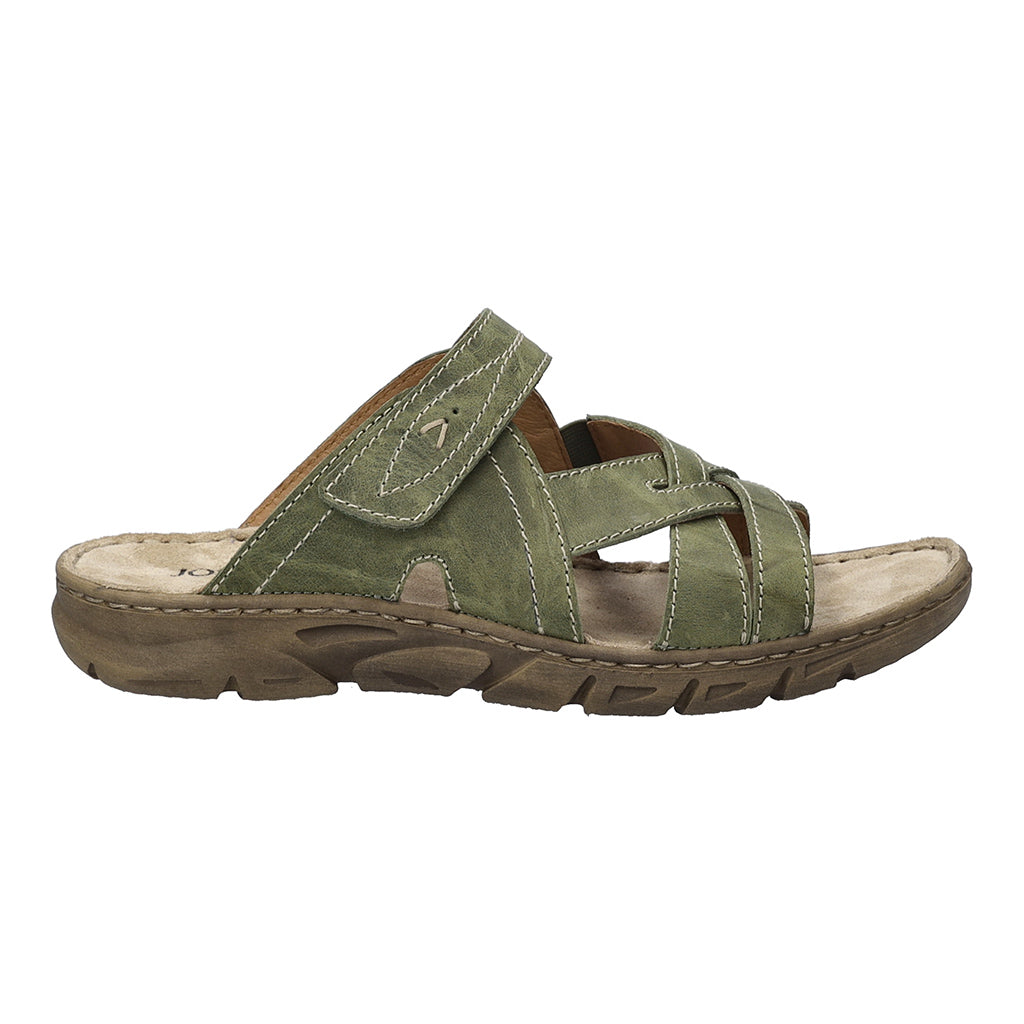 Josef Seibel Brenda 10 women's khaki leather sandal with touch fastening strap, cushioned insole, and slip-resistant sole.