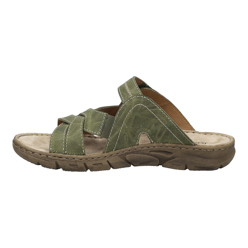 Josef Seibel Brenda 10 ladies khaki leather sandal with touch fastening, cushioned insole, rugged outsole, and supportive straps.
