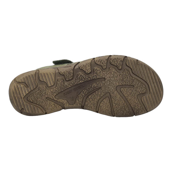 Josef Seibel Brenda 10 ladies khaki leather sandals with touch-fastening straps and textured rubber sole.