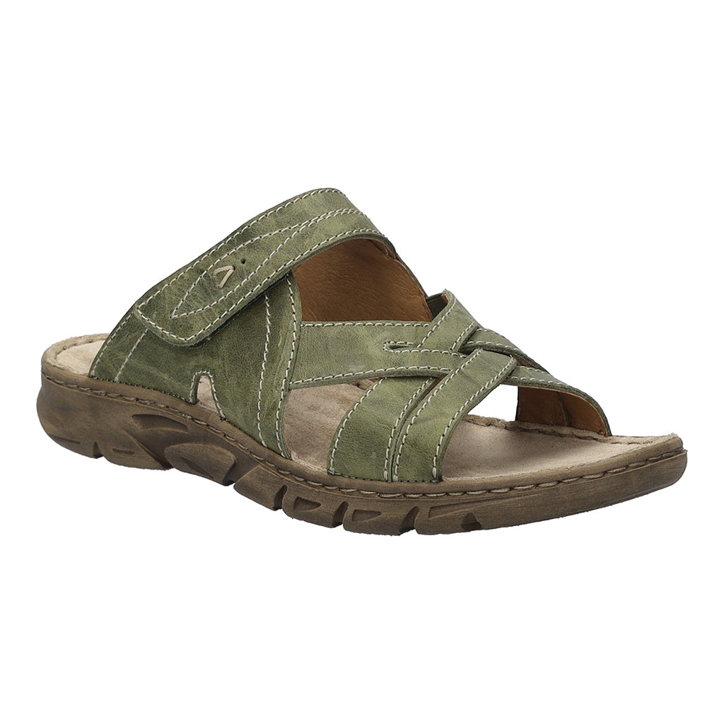 Josef Seibel Brenda 10 ladies khaki leather sandals with touch fastening and open toe design, cushioned insole, and durable rubber sole.