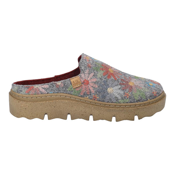 Josef Seibel Carmaux 01 women's grey multi slip-on textile slippers with floral pattern and beige textured sole.