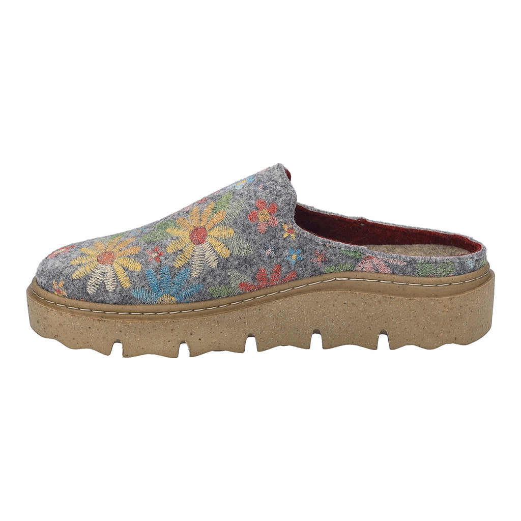 Josef Seibel Carmaux 01 ladies grey multi slip-in textile slippers with embroidered floral design and chunky beige sole.