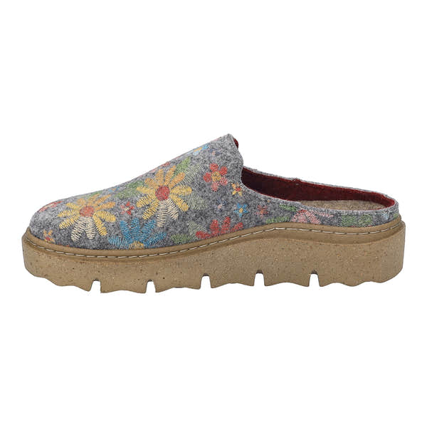 Josef Seibel Carmaux 01 ladies grey multi slip-in textile slippers with embroidered floral design and chunky beige sole.