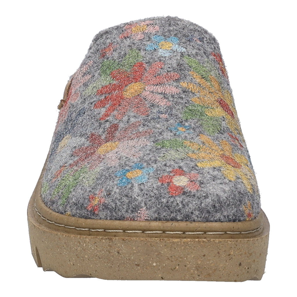 Josef Seibel Carmaux 01 women's grey multicolor slip-in textile slippers with floral embroidery and cushioned sole.