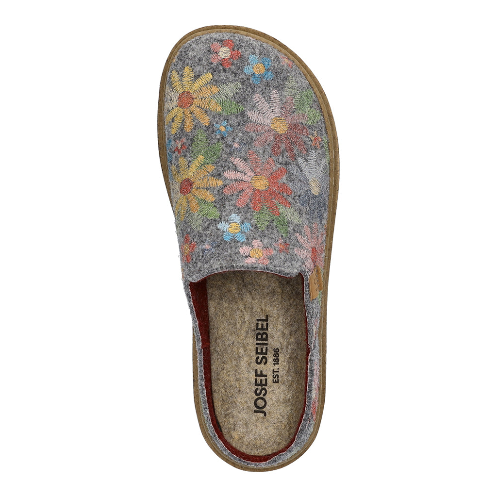 Josef Seibel Carmaux 01 ladies grey multi slip-in textile slippers with colorful floral embroidery and comfortable footbed.