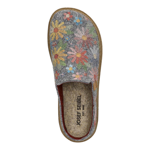 Josef Seibel Carmaux 01 ladies grey multi slip-in textile slippers with colorful floral embroidery and comfortable footbed.