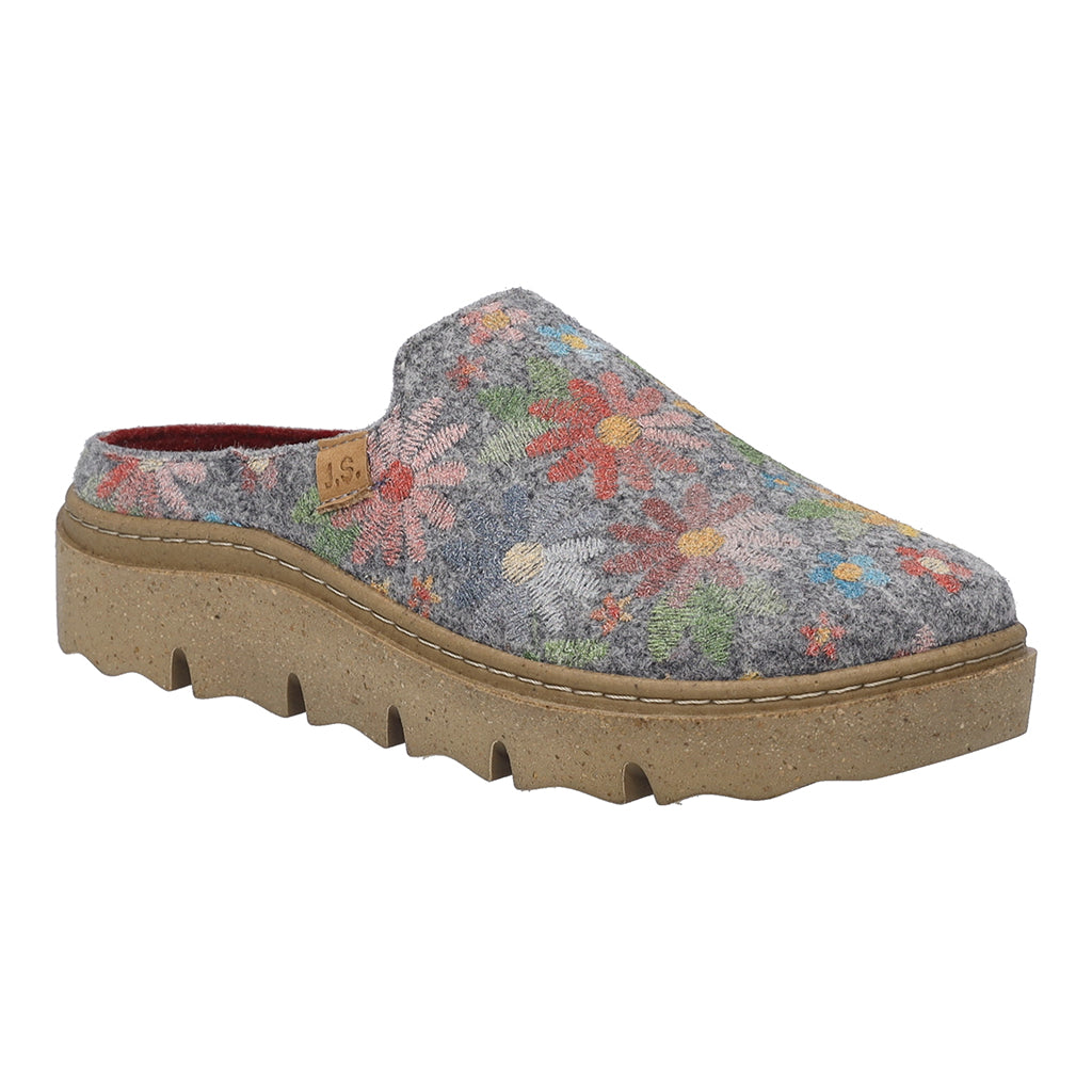 Josef Seibel Carmaux 01 ladies grey multi-slip textile slippers with floral embroidery and beige textured sole.