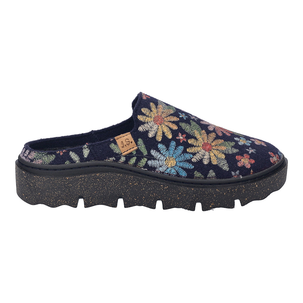 Josef Seibel Carmaux 01 women's slip-on textile slippers with colorful floral embroidery and a chunky, speckled black sole.
