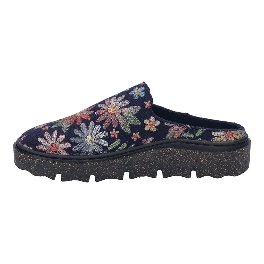 Josef Seibel Carmaux 01 women's slip-on textile slippers with colorful floral embroidery and chunky speckled sole.