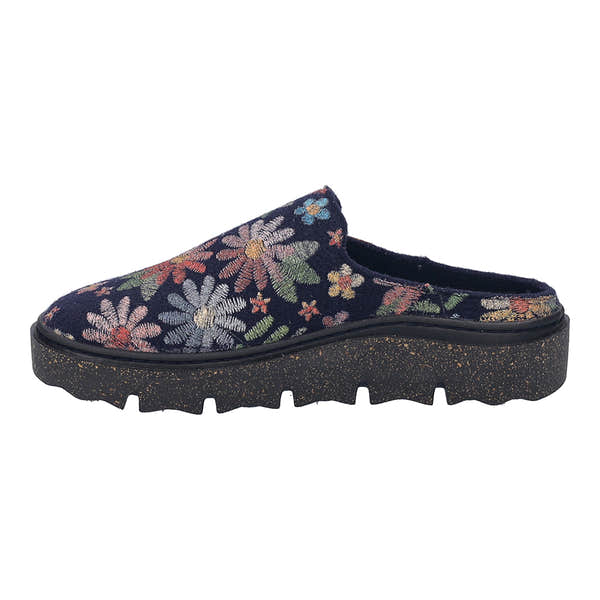Josef Seibel Carmaux 01 women's slip-on textile slippers with colorful floral embroidery and chunky speckled sole.