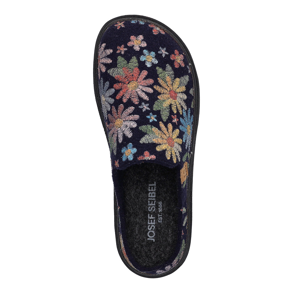 Josef Seibel Carmaux 01 women's slip-in textile slippers with colorful floral embroidery on navy background.