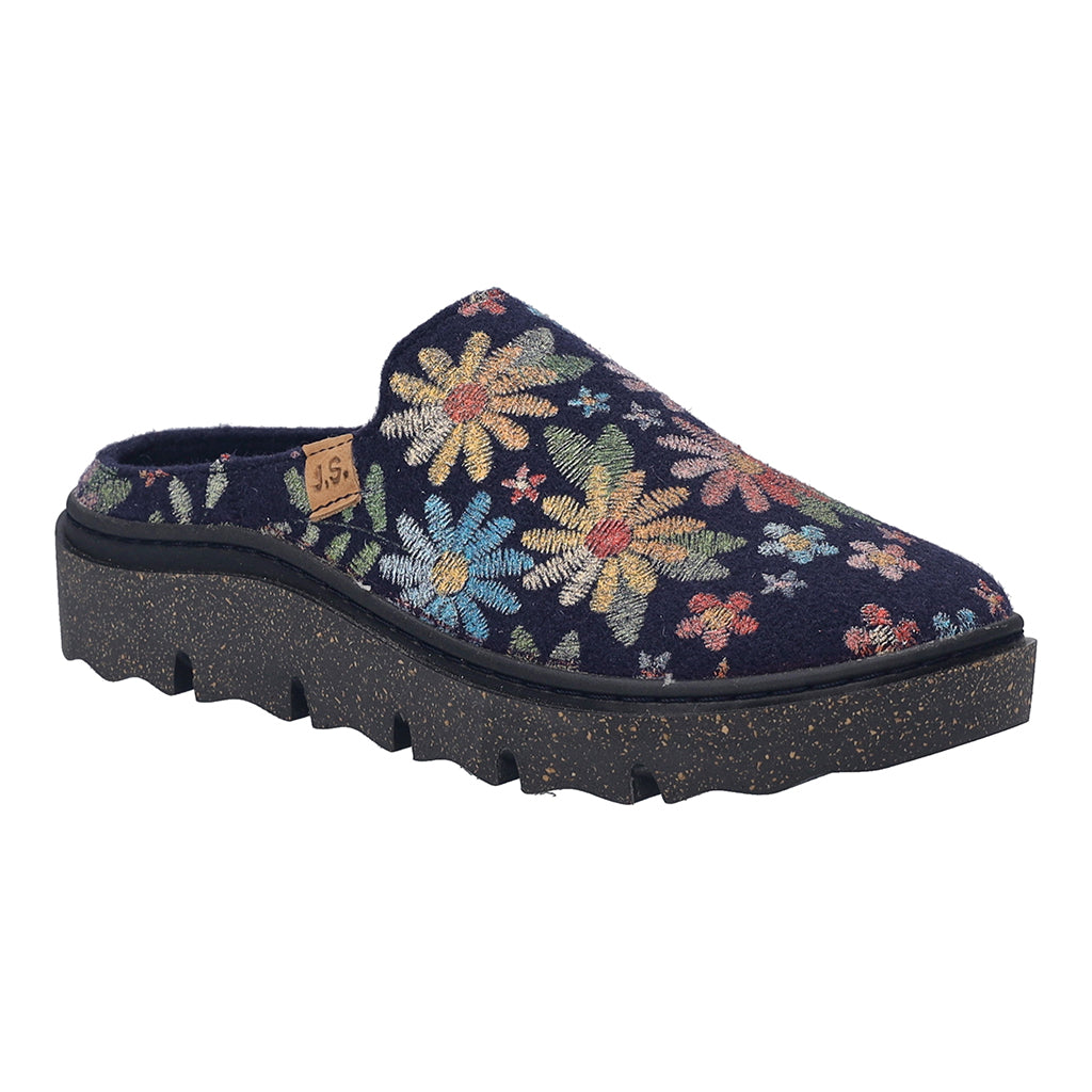 Josef Seibel Carmaux 01 Ladies ocean multi-slip textile slippers with floral embroidery and chunky sole.