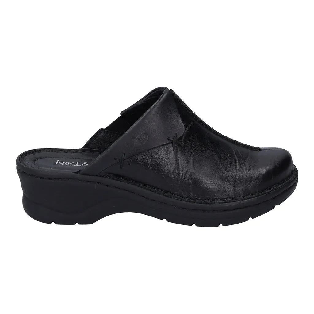 Josef Seibel Catalonia 48 Black ladies' leather mule with cushioned insole and slip-on design for comfort.