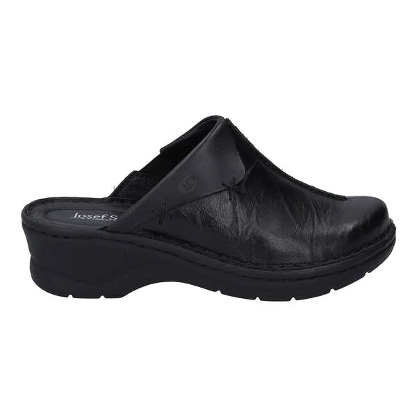 Josef Seibel Catalonia 48 Black ladies' leather mule with cushioned insole and slip-on design for comfort.