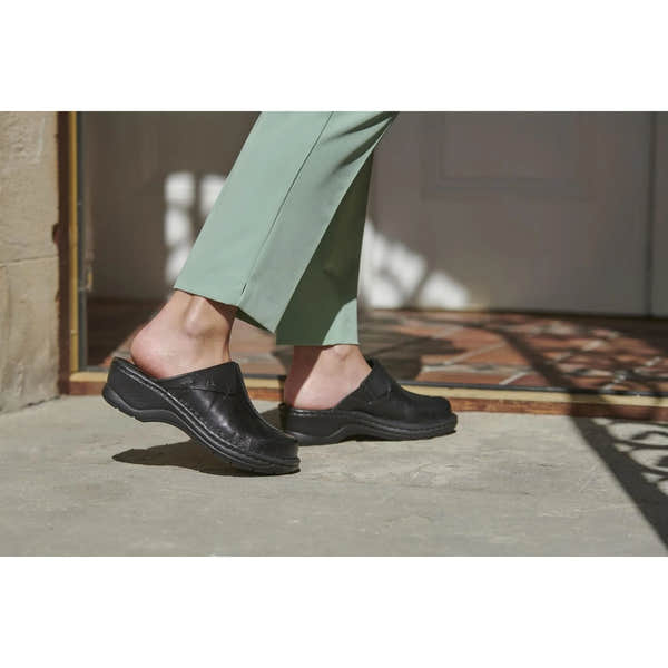 Josef Seibel Catalonia 48 Black women's leather slip-on mules, comfortable footwear for ladies, stylish and versatile design.