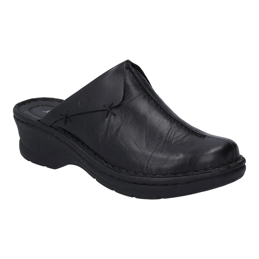 Josef Seibel Catalonia 48 black ladies' leather mule with a slip-on design, cushioned insole, and durable rubber outsole.
