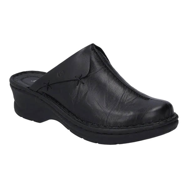 Josef Seibel Catalonia 48 black ladies' leather mule with a slip-on design, cushioned insole, and durable rubber outsole.
