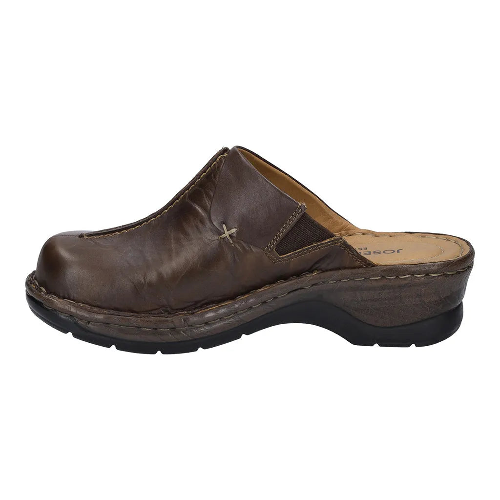 Josef Seibel Catalonia 48 Brasil women's brown leather slip-on mule shoe with cushioned insole and chunky black sole.