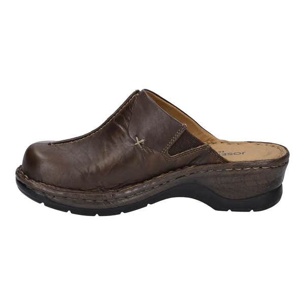 Josef Seibel Catalonia 48 Brasil women's brown leather slip-on mule shoe with cushioned insole and chunky black sole.