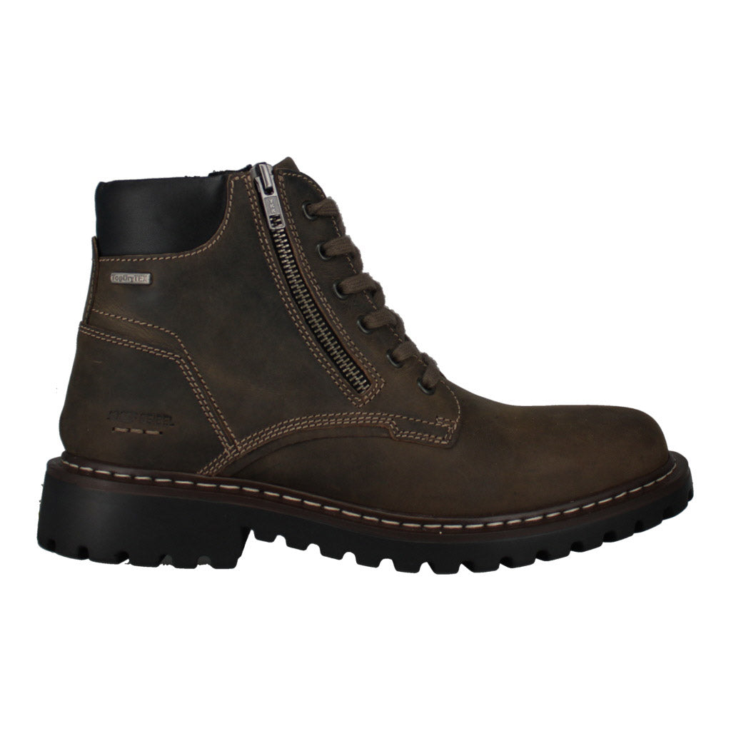 Josef Seibel Chance 67 men's gray leather waterproof ankle boots with zip and lace closure, rugged outsole.