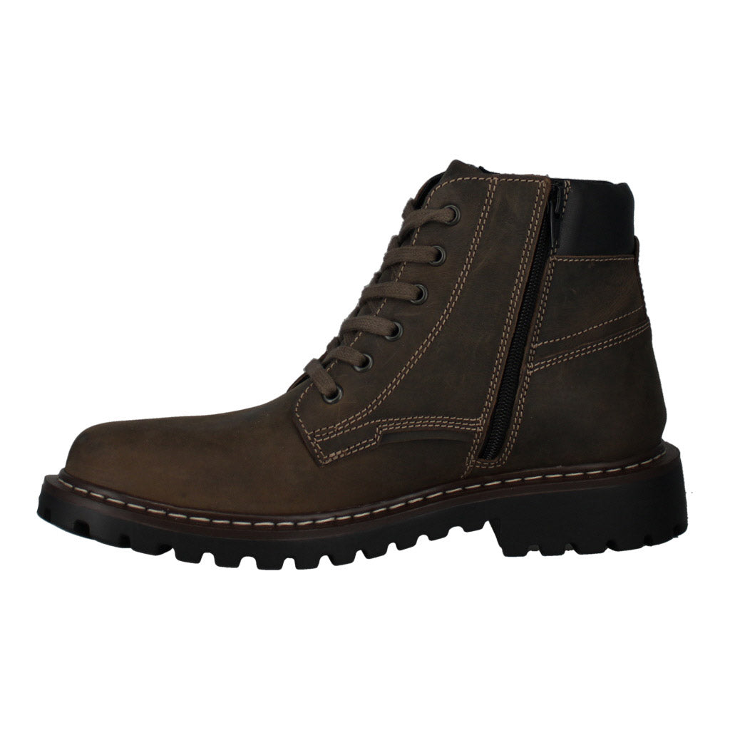 Josef Seibel Chance 67 men's grey leather waterproof ankle boots with lace-up and side zipper, rugged sole, and tonal stitching.