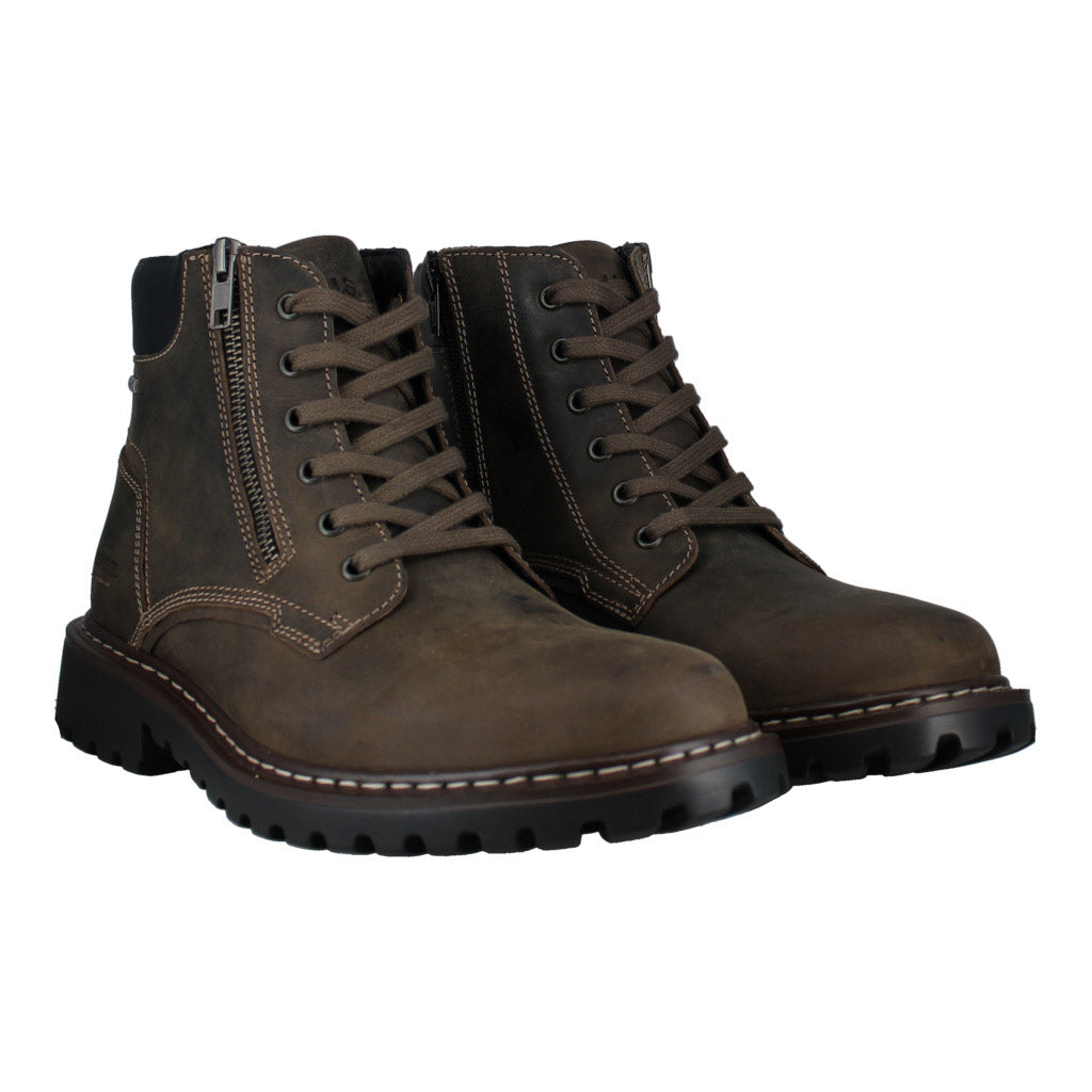 Josef Seibel Chance 67 men's waterproof ankle boots in volcano grey leather with lace-up and zip closure, rugged sole, and stitching detail.