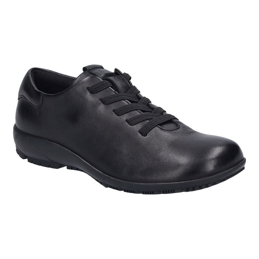 Josef Seibel Charlotte 01 women's black leather slip-on shoes with arch support and lace-up design.