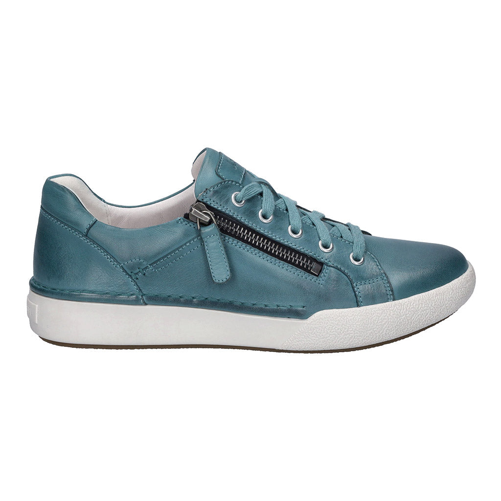 Josef Seibel Claire 03 ladies blue leather trainers with arch support, zip and lace-up closure, white sole, stylish casual footwear.