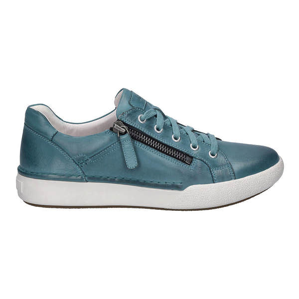 Josef Seibel Claire 03 ladies blue leather trainers with arch support, zip and lace-up closure, white sole, stylish casual footwear.