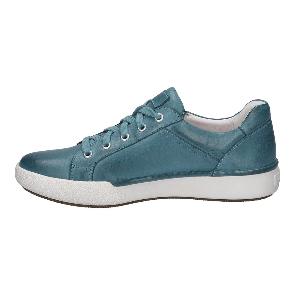 Josef Seibel Claire 03 Ladies Azur Blue leather trainers with zip and lace-up closure, arch support, and white rubber sole.