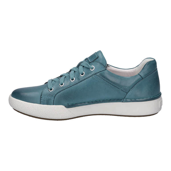 Josef Seibel Claire 03 Ladies Azur Blue leather trainers with zip and lace-up closure, arch support, and white rubber sole.