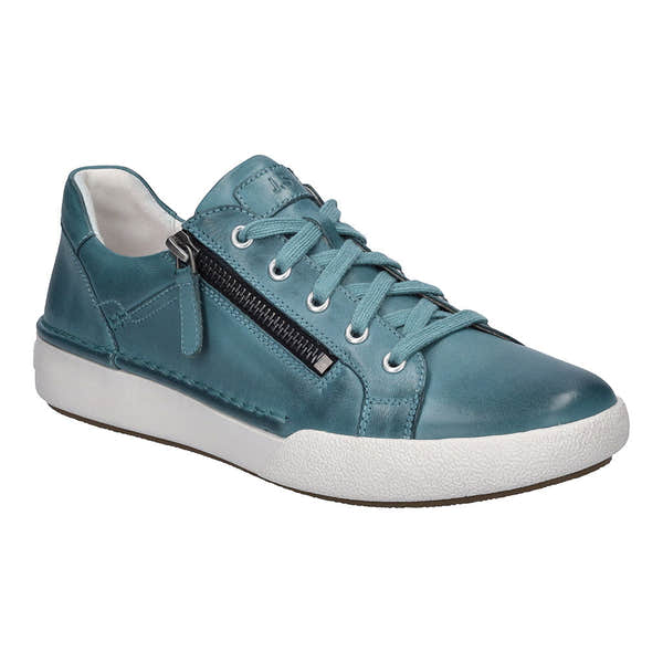 Josef Seibel Claire 03 women's azur blue leather trainers with arch support, lace-up and side zip for easy wear.