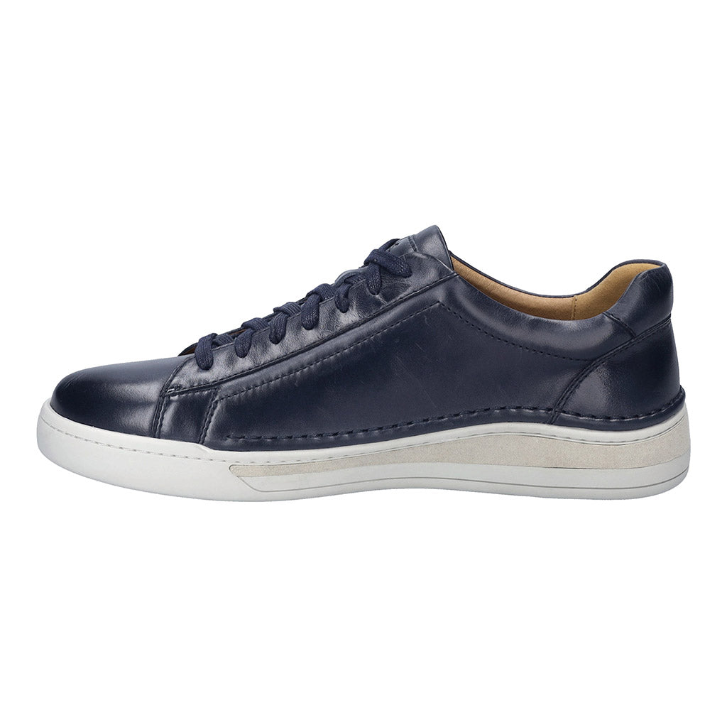 Josef Seibel Cleve 02 men's navy leather lace-up trainers with arch support and white sole.