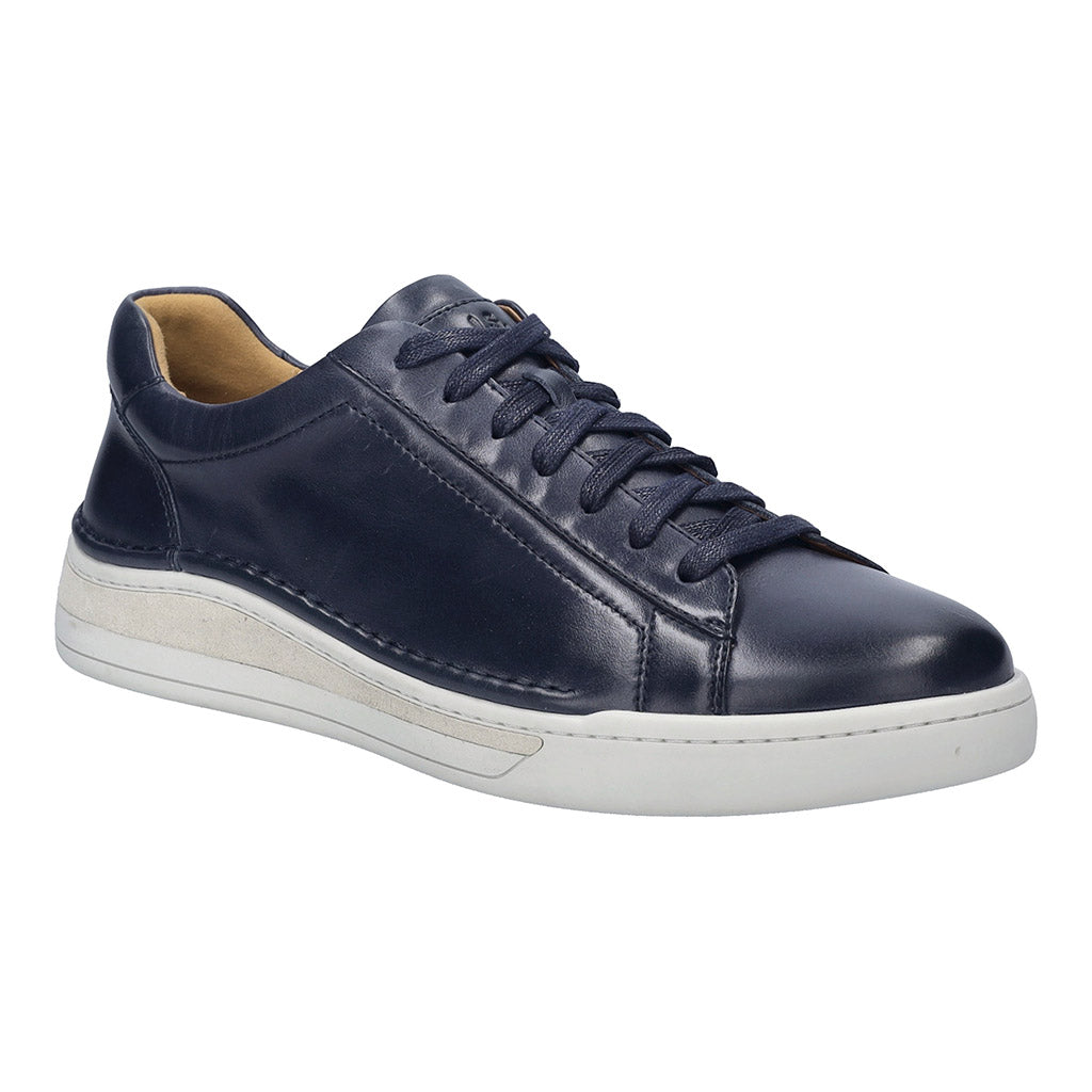 Josef Seibel Cleve 02 men's navy leather lace-up trainers with arch support and white rubber sole.