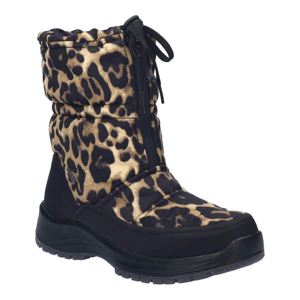 Josef Seibel Colorado 58 women's waterproof ankle boots with black leopard textile design, front zip, and slip-resistant sole.