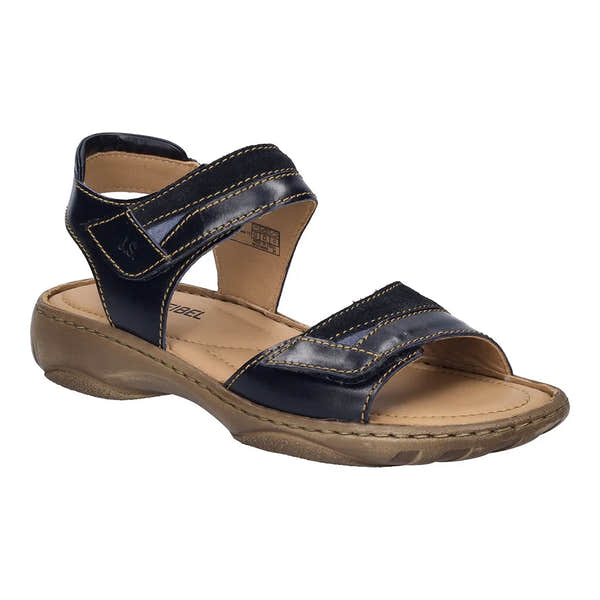 Josef Seibel Debra 19 denim blue leather sandal with adjustable straps, cushioned insole, and flexible rubber outsole.