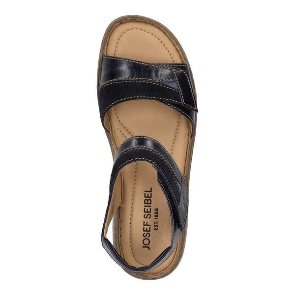 Josef Seibel Debra 19 women's black leather sandals with touch fastening straps, cushioned insole, and ergonomic sole.