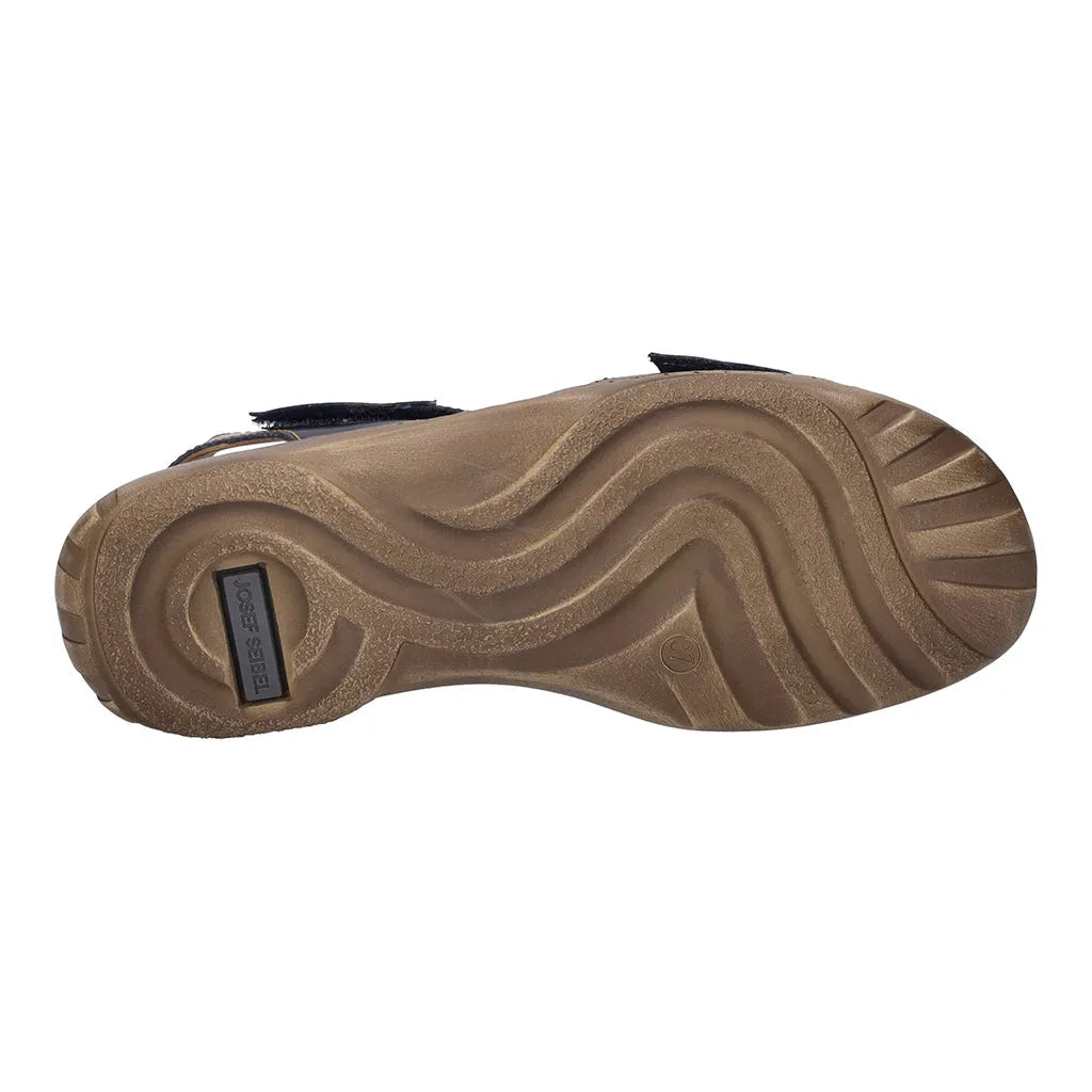 Josef Seibel Debra 19 ladies' black leather sandals with touch fastening and rugged sole for comfort and style.