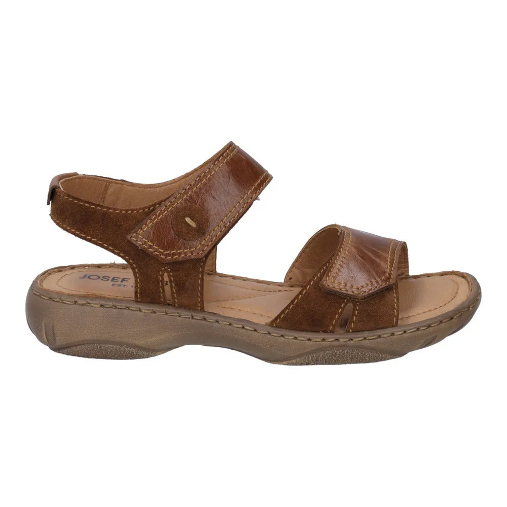 Josef Seibel Debra 58 Ladies Brandy Leather Touch Fastening Sandals with adjustable straps and cushioned sole.