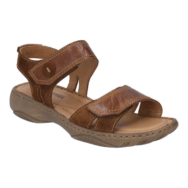 Josef Seibel Debra 58 Ladies Brandy Leather Touch Fastening Sandals with adjustable straps and cushioned sole.