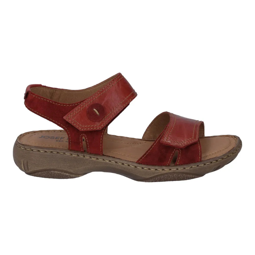 Josef Seibel Debra 58 women's red leather touch fastening sandal with adjustable straps and cushioned footbed.