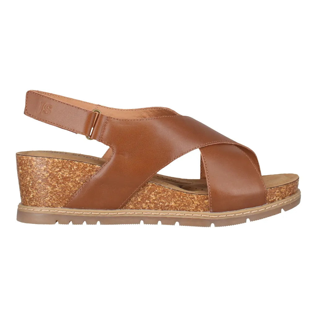Josef Seibel Eden 01 ladies' dark brown leather touch fastening wedge sandals with cork heel and open toe.
