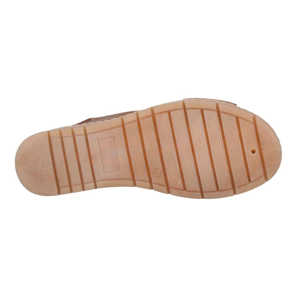 Dark brown leather sandal with touch-fastening straps and a beige rubber sole with horizontal grooves.